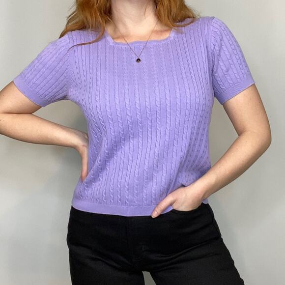 Vintage Medium Pastel Lilac Purple Square Neck Cable Knit Sweater Tee Shirt - Picture 5 of 11